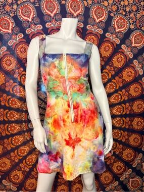 Forever New Multi-Color Custom Hand Tie-Dyed Square Neck Zipper Front Dress